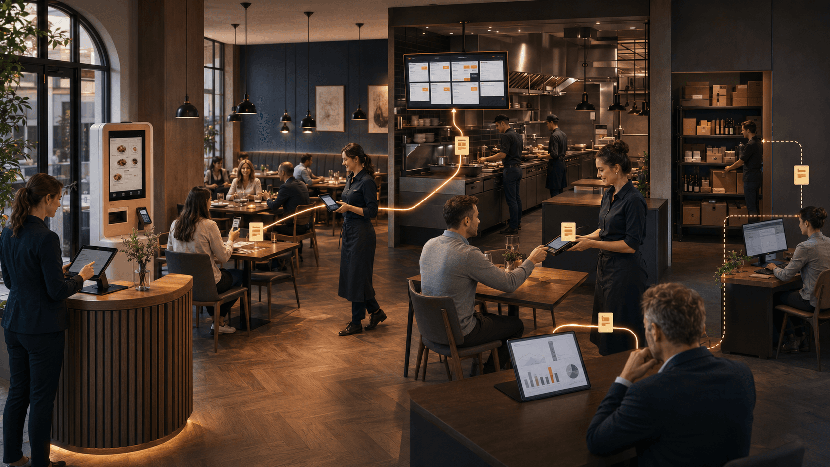Vernetzter Restaurantablauf mit Reservierung, POS, QR-Bestellung, KDS, Zahlung, Reporting sowie Schnittstellen zu Lager und Buchhaltung.