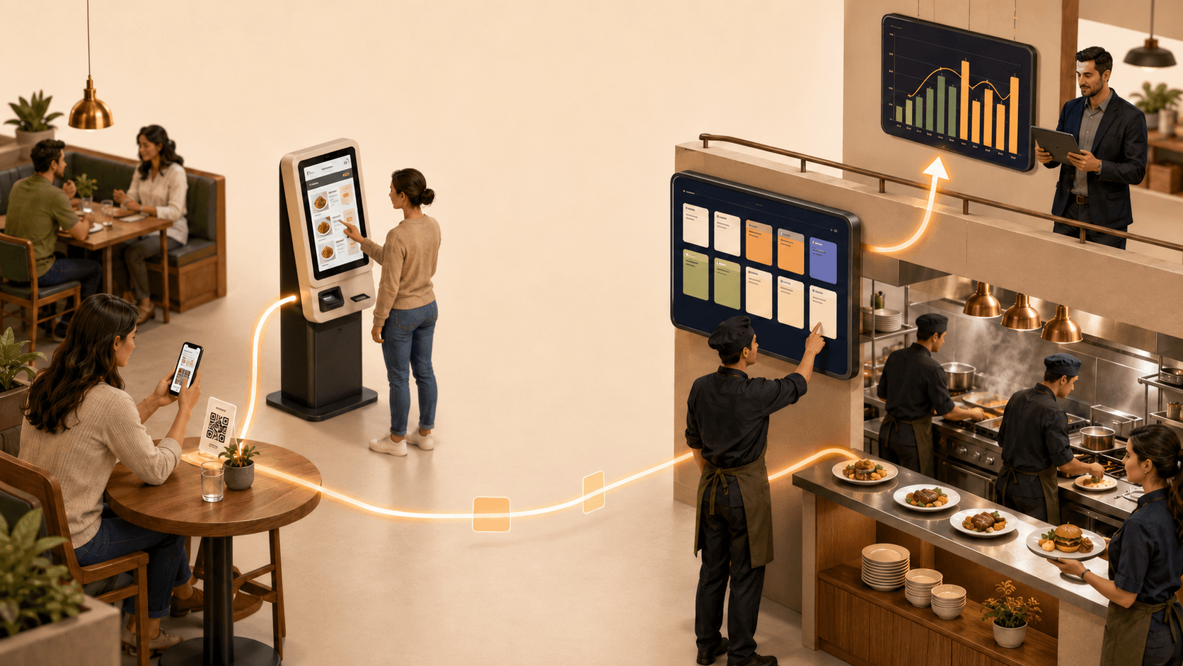 Restaurant mit verbundenen digitalen Touchpoints: Empfang und Kiosk, QR-Bestellung am Tisch, Handheld und KDS in der Küche sowie Reporting im Vordergrund.