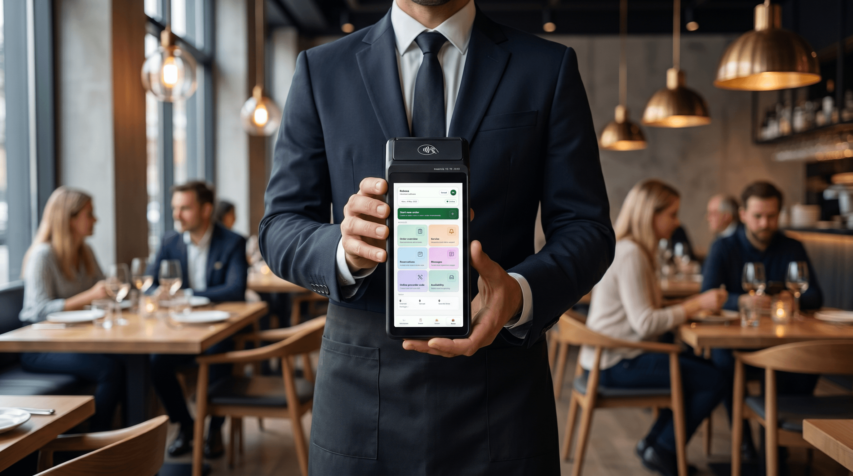 Restaurant staff member holding a handheld device
