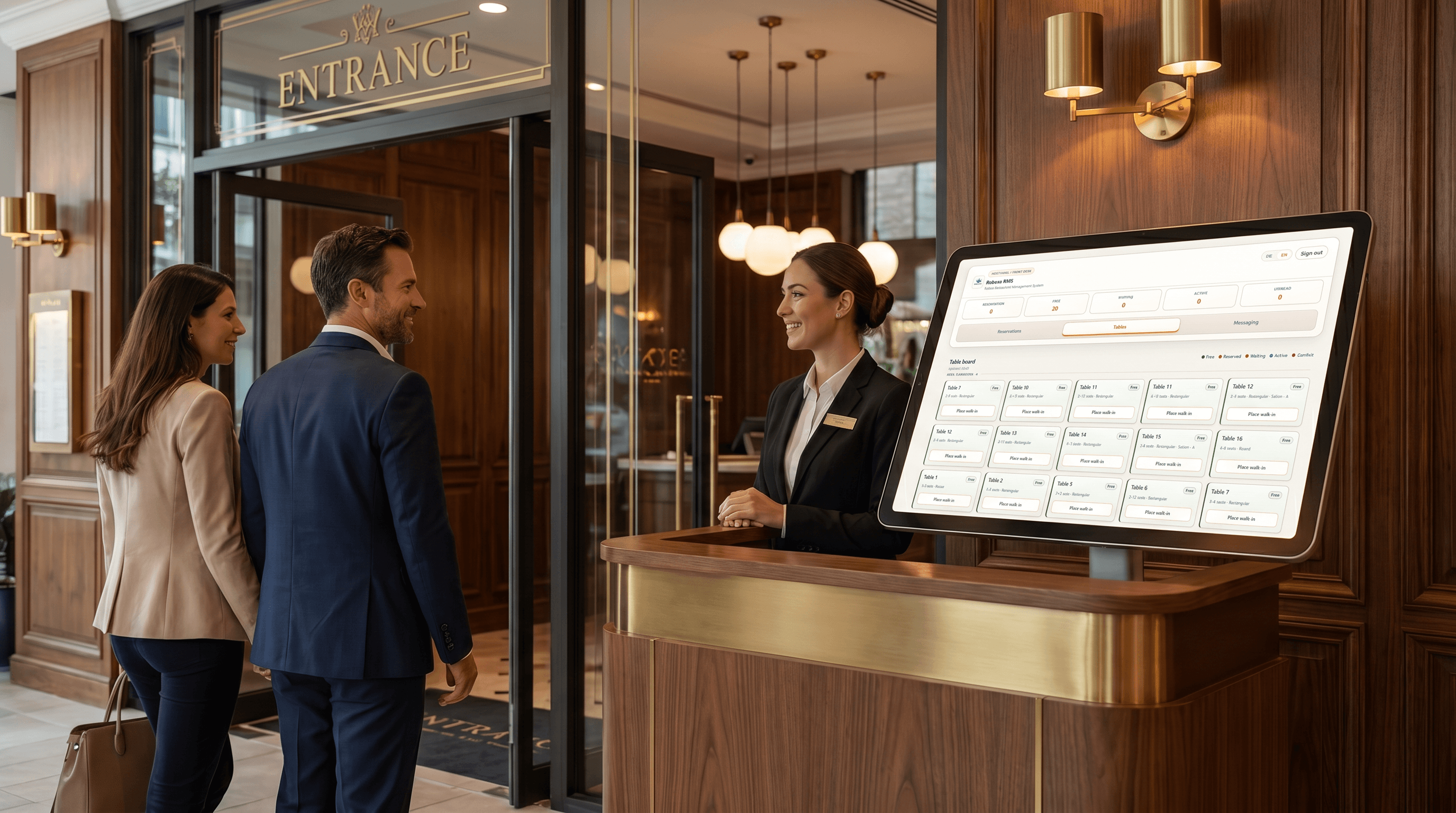 Restaurant reception area with a reservation screen