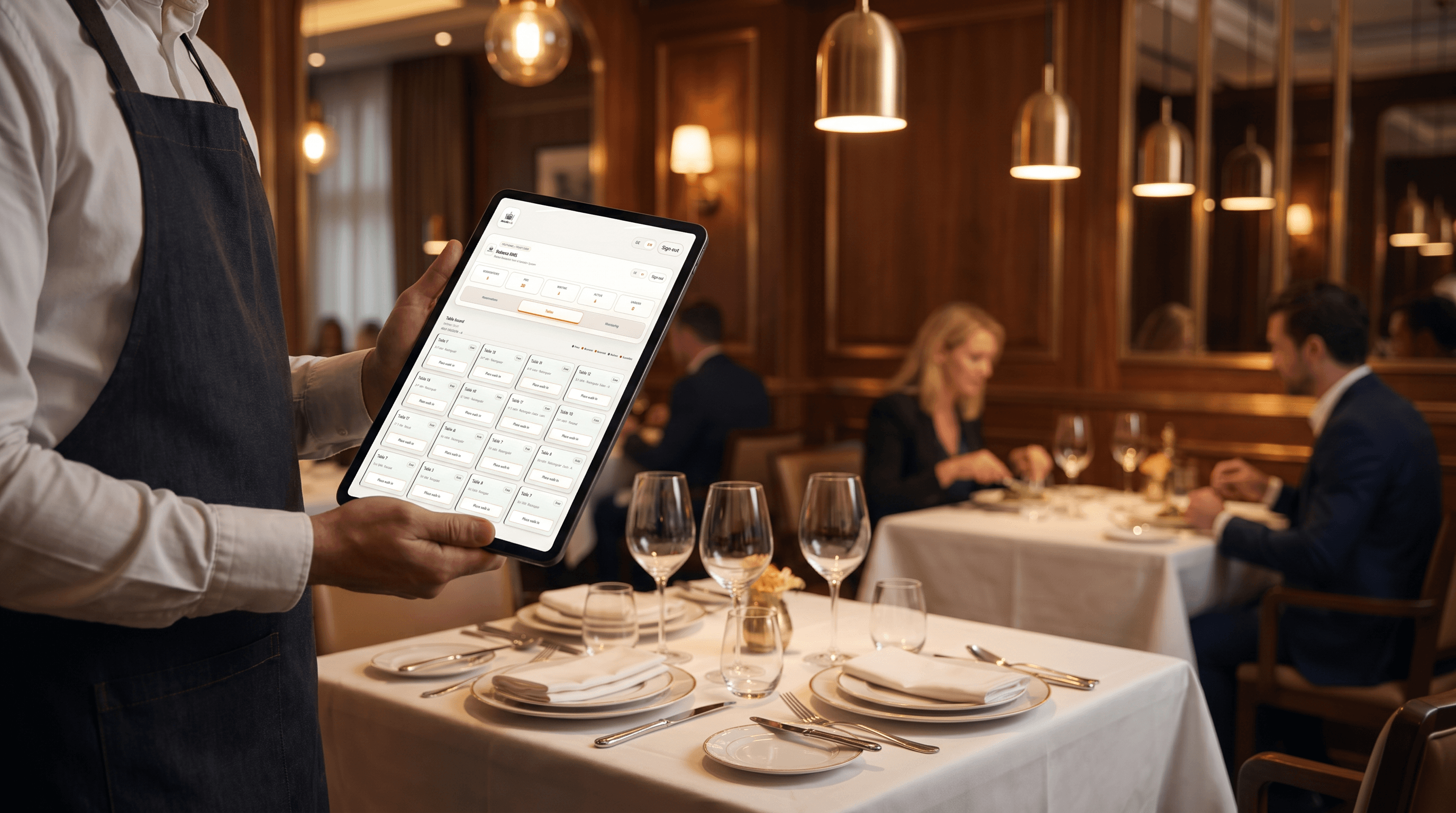 Waiter with tablet inside a premium restaurant dining room
