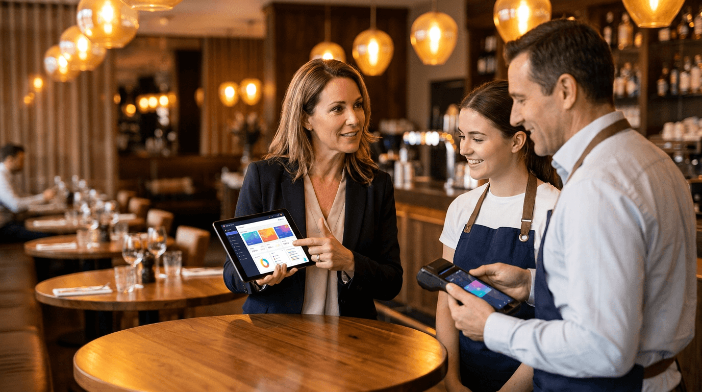 Robexa staff training restaurant employees on tablet and handheld