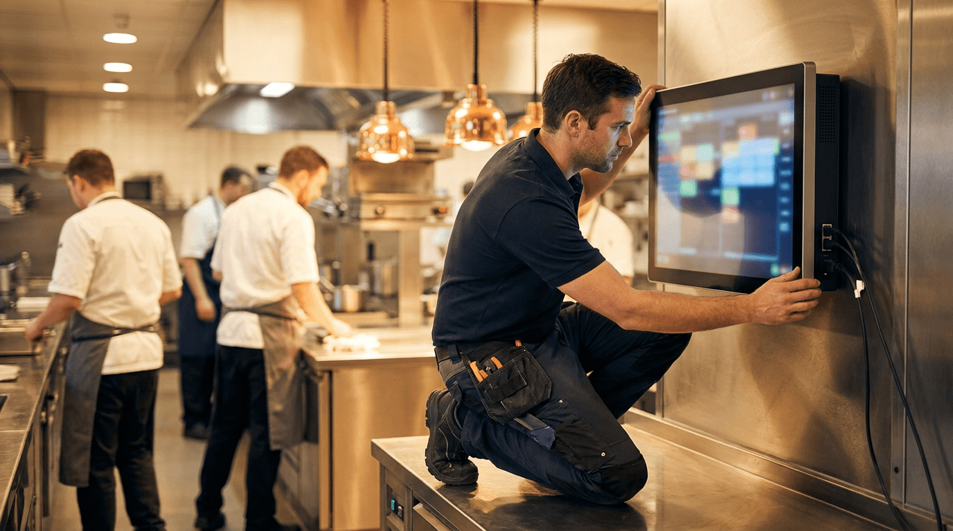 Robexa technician installing a KDS in a restaurant kitchen